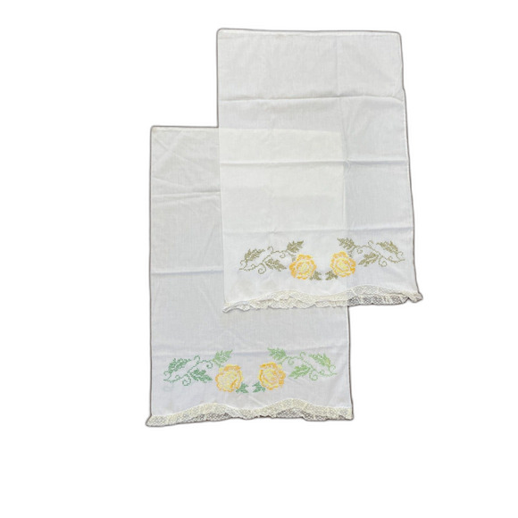 Vintage Embroidery Stitch Yellow Rose Lace Standard Pillow Cases Set Pair Cotton - Picture 7 of 8